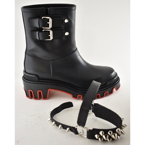 Christian Louboutin Dune Bike Flat Spike Black Leather Platform Ankle Boots 38 - Picture 6 of 16